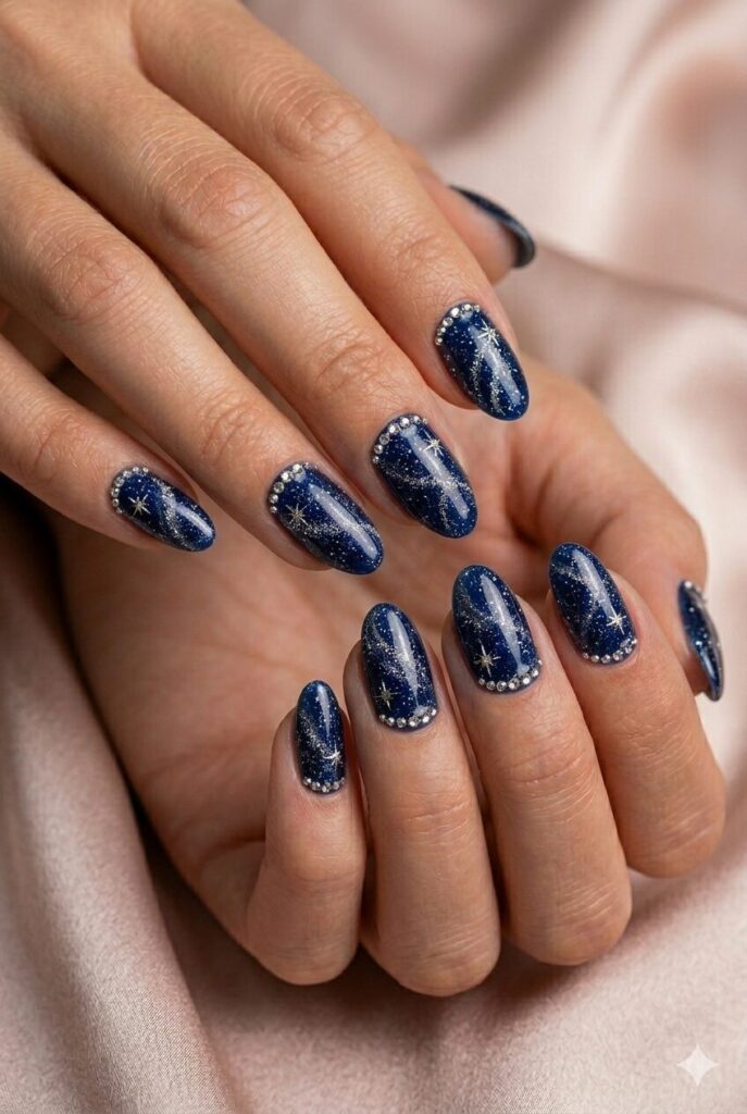 Dark blue prom nails with fine silver glitter inspired by a starry night sky