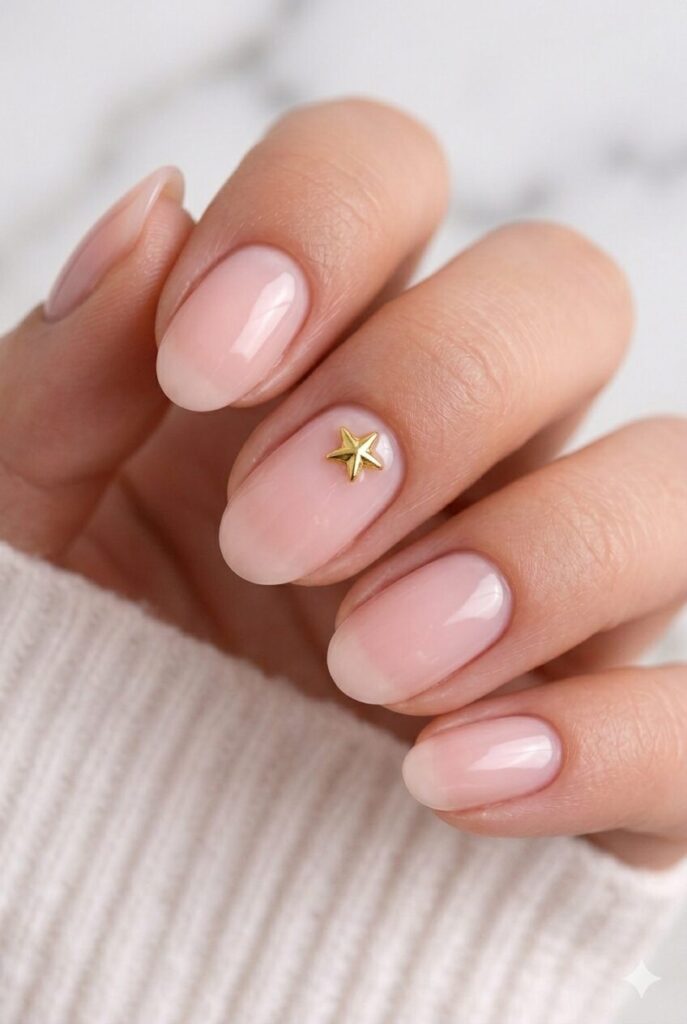 Simple milky pink graduation nails with a tiny star charm for a soft and meaningful manicure