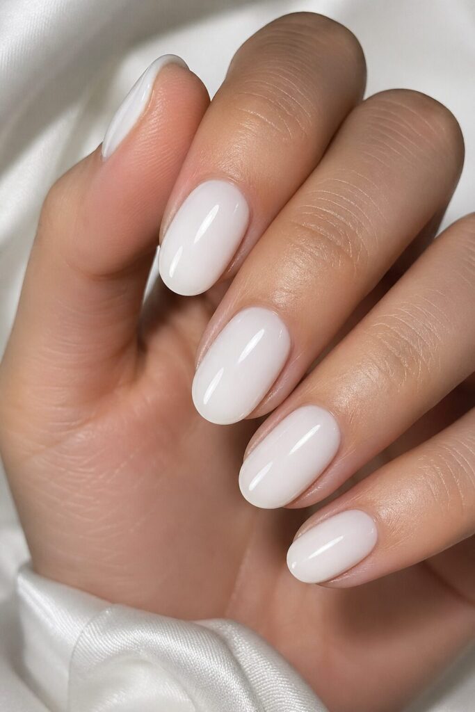 Milky white gloss prom nails with a creamy shiny finish for a clean and elegant formal look