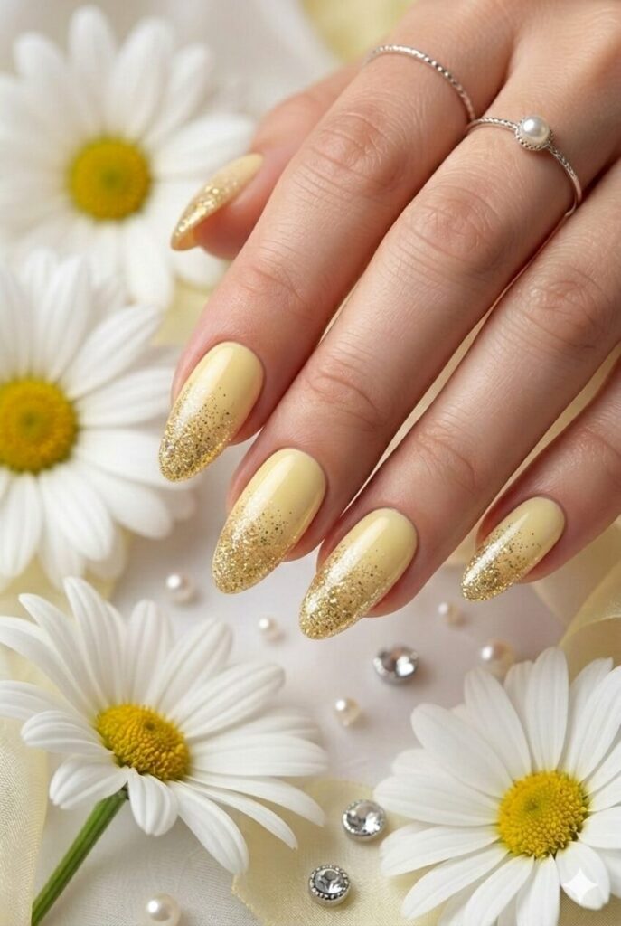 Mimosa glitter fade yellow prom nails with fine gold sparkle blending into the tip