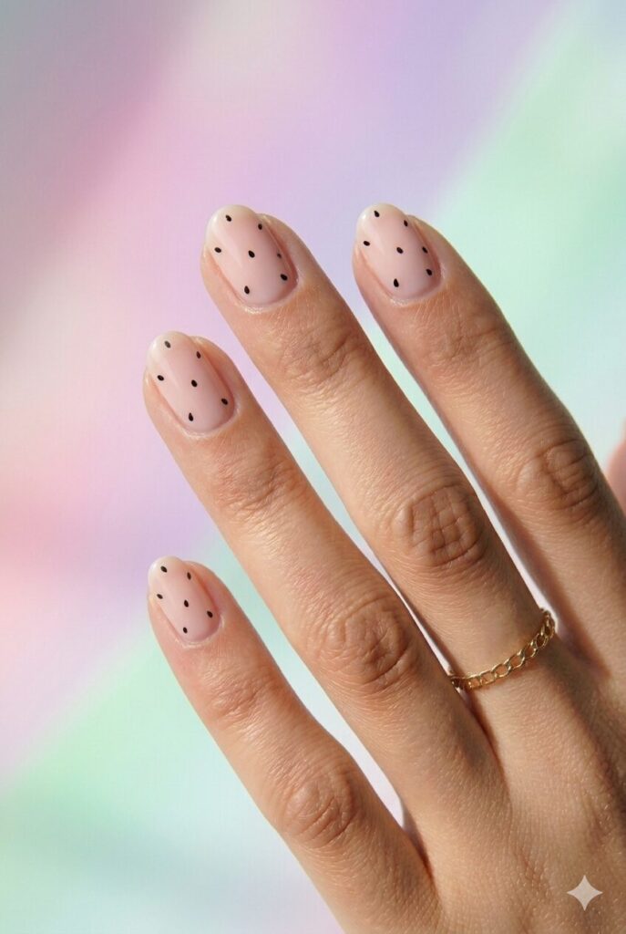 Cute May nails with a pale pink base and tiny black watermelon seed dots for a playful fruity design
