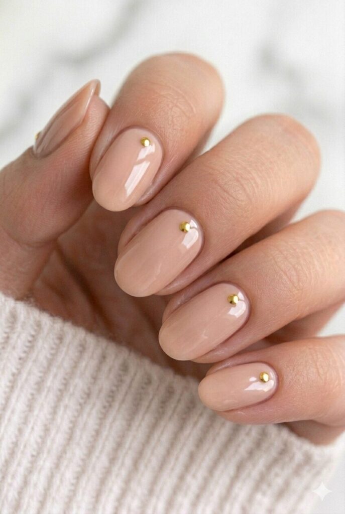 Minimalist graduation nails with a nude base and one tiny gold dot near the cuticle for a chic finish