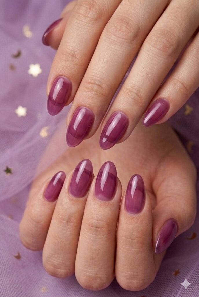 Moonberry jelly purple prom nails with a sheer berry purple glossy finish