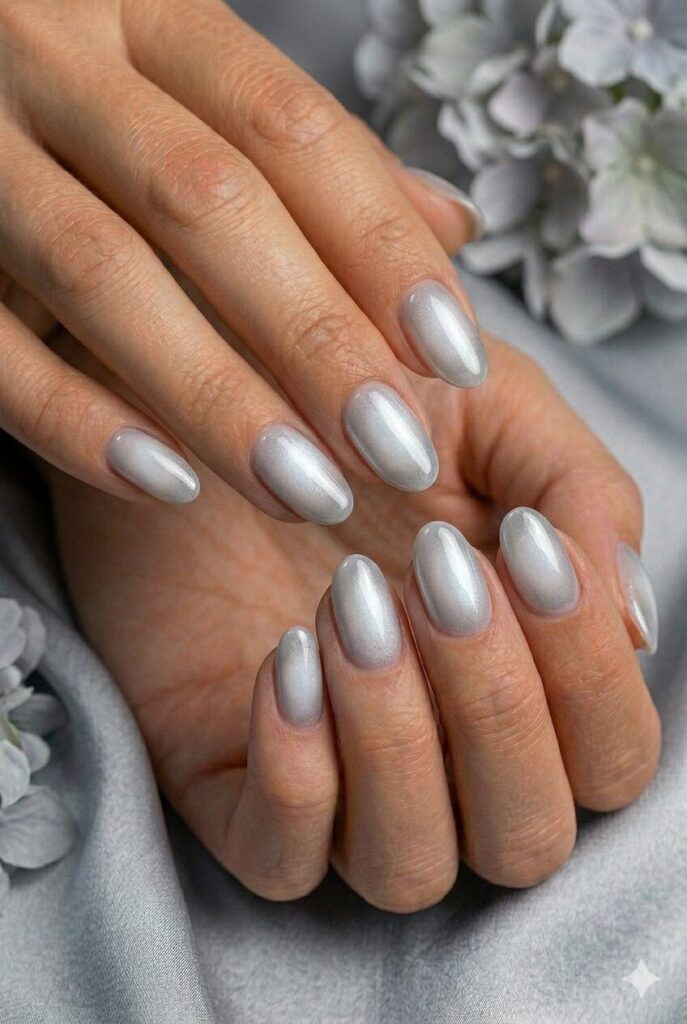 Moonlight aura prom nails with a glowing silver center and soft faded edges