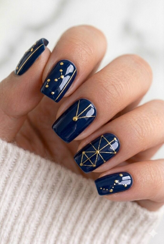 Navy blue and gold graduation nails with elegant accents for a bold and school-pride inspired manicure
