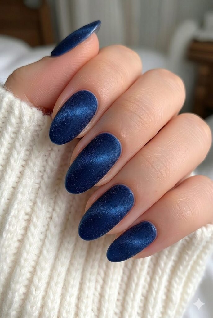 Navy velvet edge blue prom nails with a deep navy base and soft velvet sheen