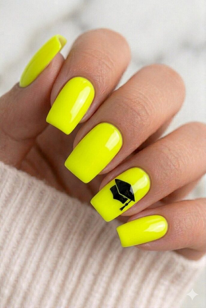 Neon yellow graduation nails with a black graduation cap accent for a bold standout design