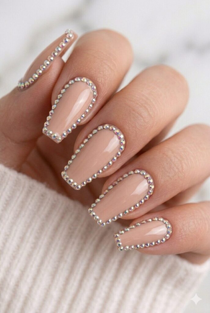 Nude coffin graduation nails with sparkling diamond edge details for a glamorous finish