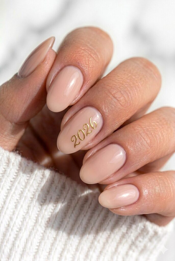 Nude graduation nails with the year 2026 written on an accent nail for a personal keepsake look