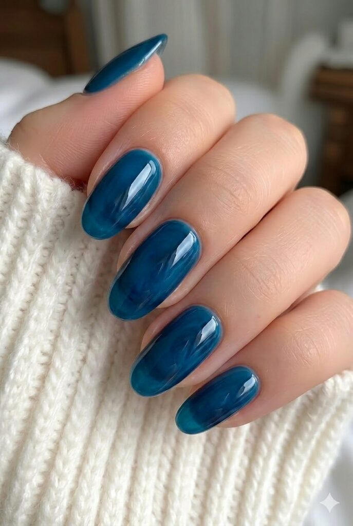 Ocean ink glass blue prom nails with rich ocean blue jelly finish and glossy shine