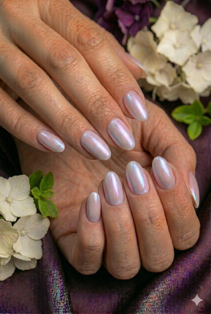 Opal glow prom nails with color-shifting pink blue and white shine for a dreamy look