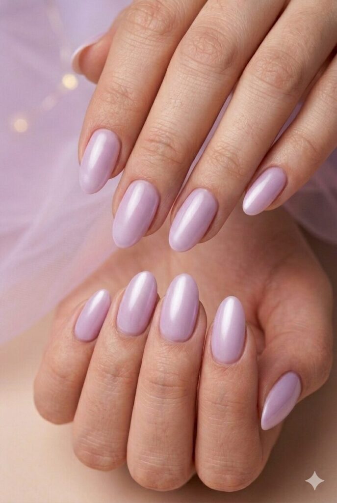 Orchid chiffon purple prom nails with a light orchid shade and soft airy finish