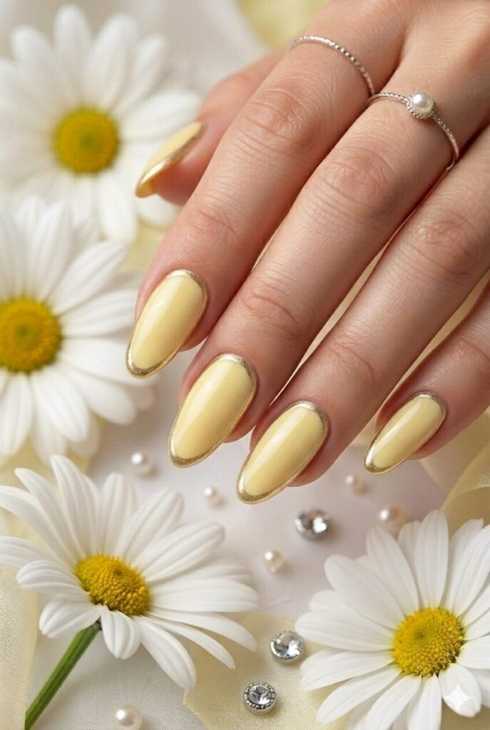 Pale gold outline yellow prom nails with a refined metallic border for a classy look
