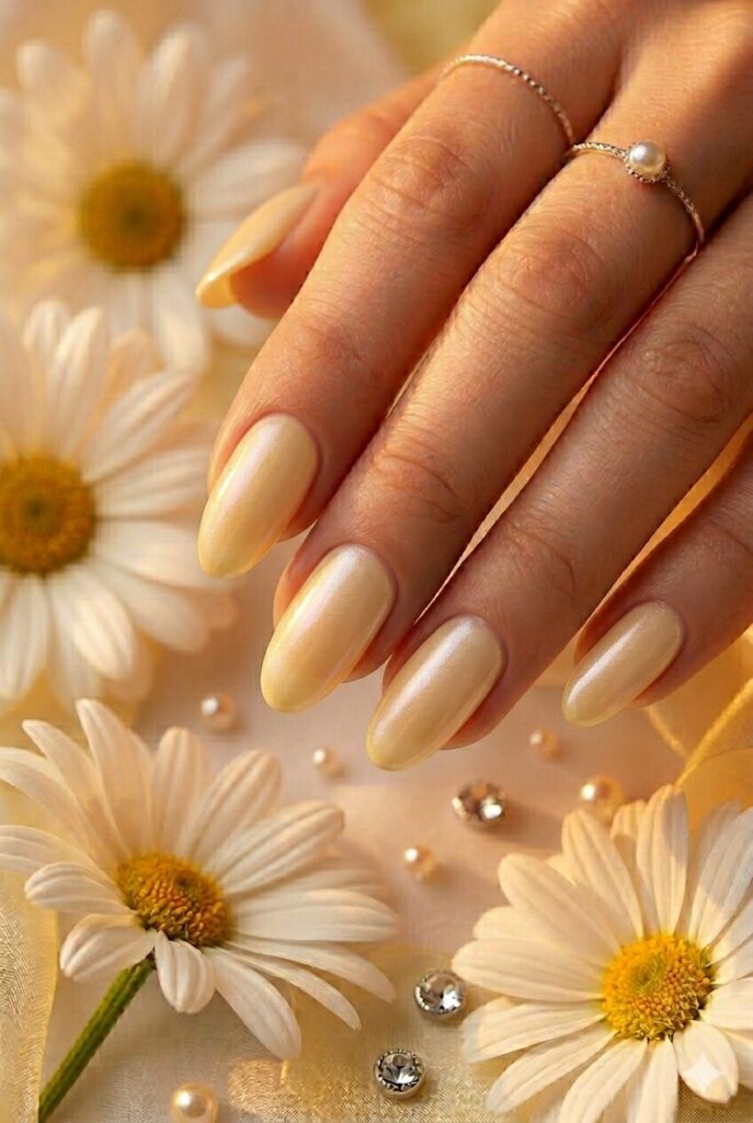 Pale marigold pearl yellow prom nails with soft shimmer for a classy evening manicure