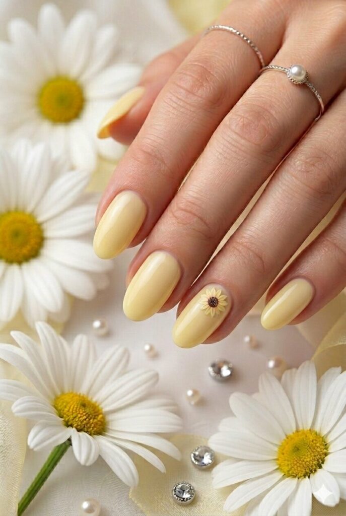 Pastel sunflower accent yellow prom nails with soft floral detail on a pale yellow base