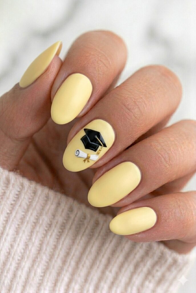 Pastel yellow graduation nails with hand-painted cap and diploma art for a fun and playful look