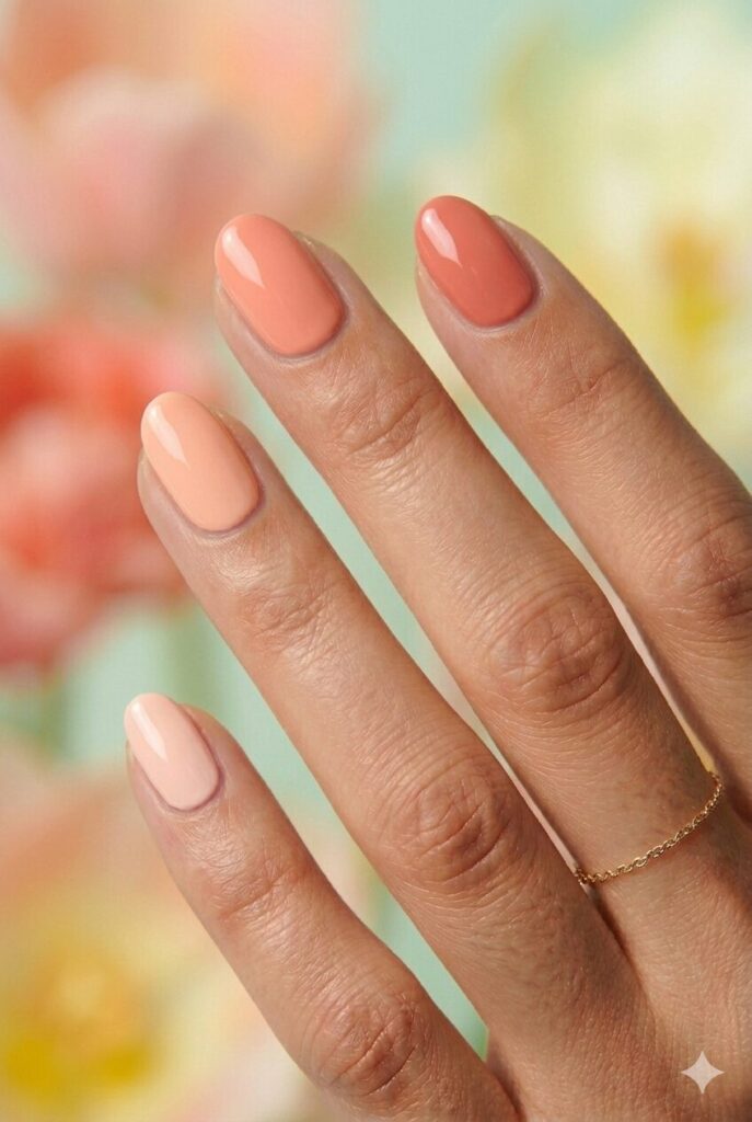 May nails with peach and coral skittle shades in a fresh glossy spring manicure