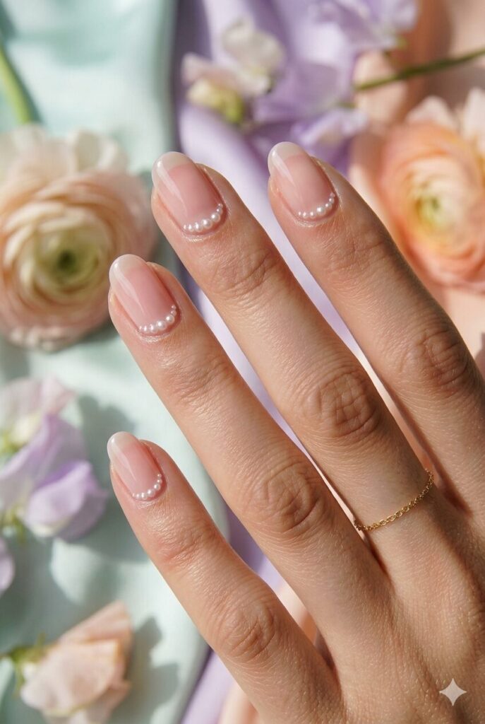 Classy May nails with a sheer blush base and tiny pearl cuticle crescent details