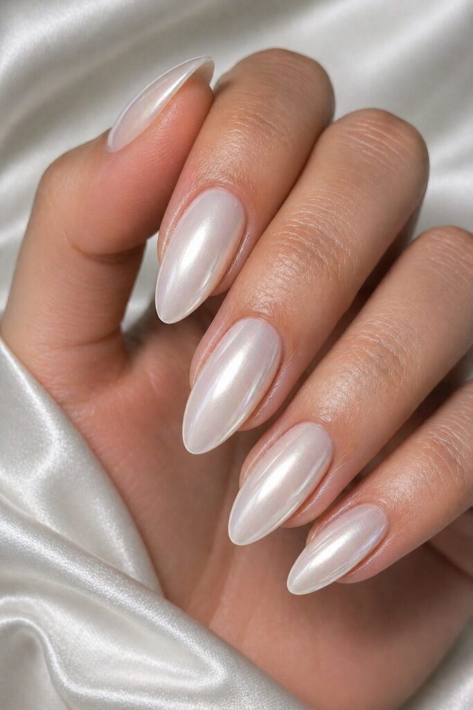 Pearl white almond prom nails with soft shimmer for a classy and romantic formal style