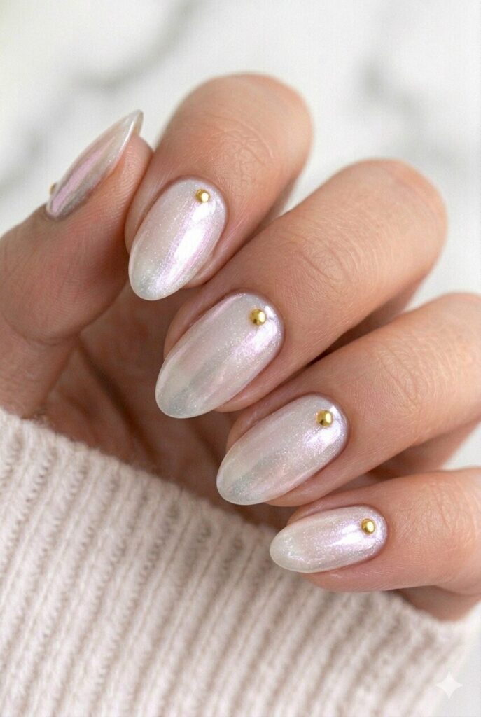Pearlescent white graduation nails with an iridescent shimmer for a soft and luxurious manicure