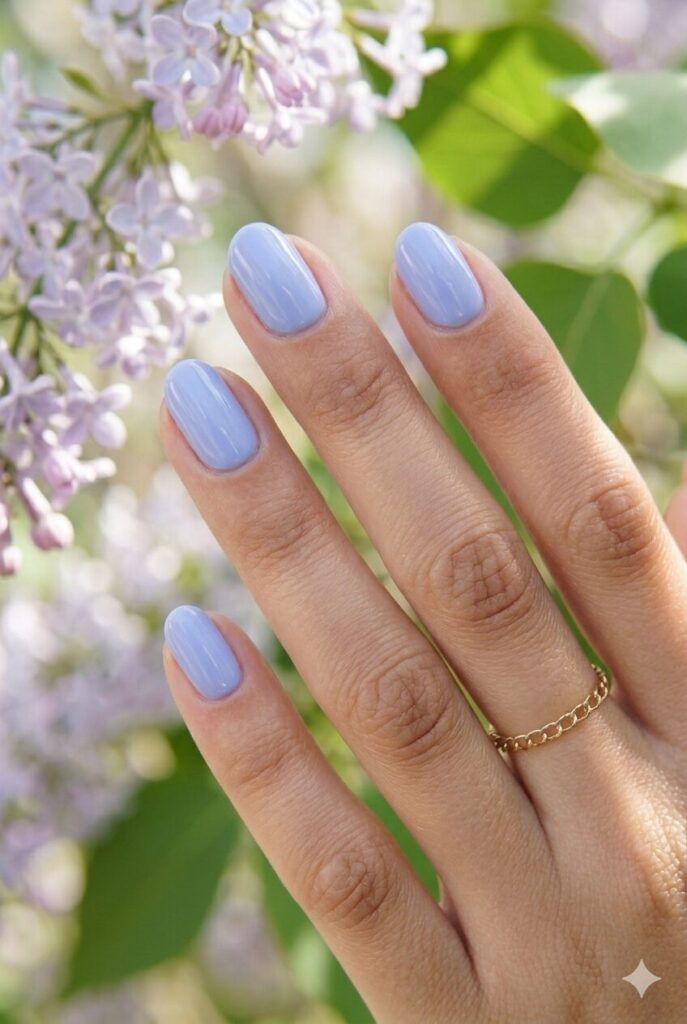 May nails in a soft periwinkle shade with a glossy finish for a fresh late spring manicure
