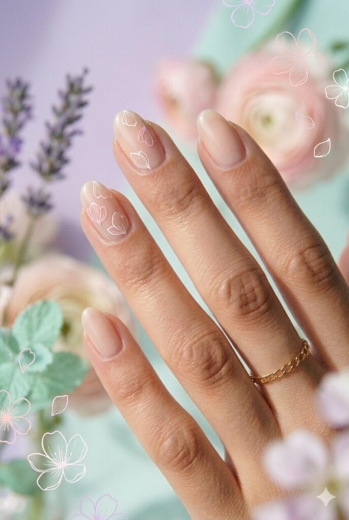 Simple May nails with delicate petal outline art on a sheer nude base for a clean floral look
