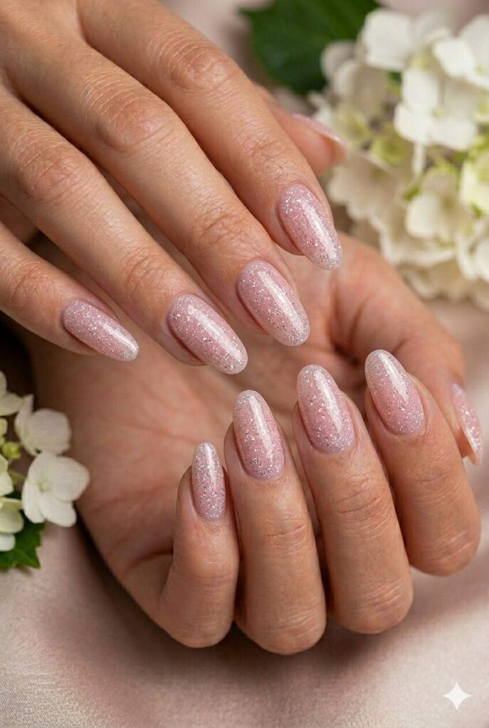 Pink diamond dust prom nails with fine reflective sparkle for a princess-inspired formal look