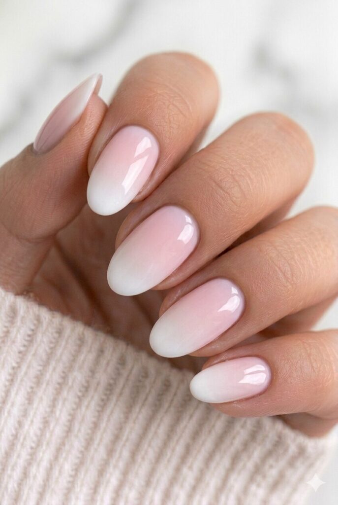 Pink to white ombre graduation nails with a smooth gradient and soft feminine glow