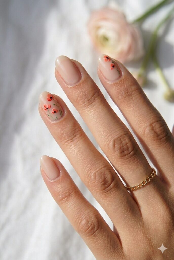 May nail designs with tiny poppy flowers painted in the corner on a nude glossy base