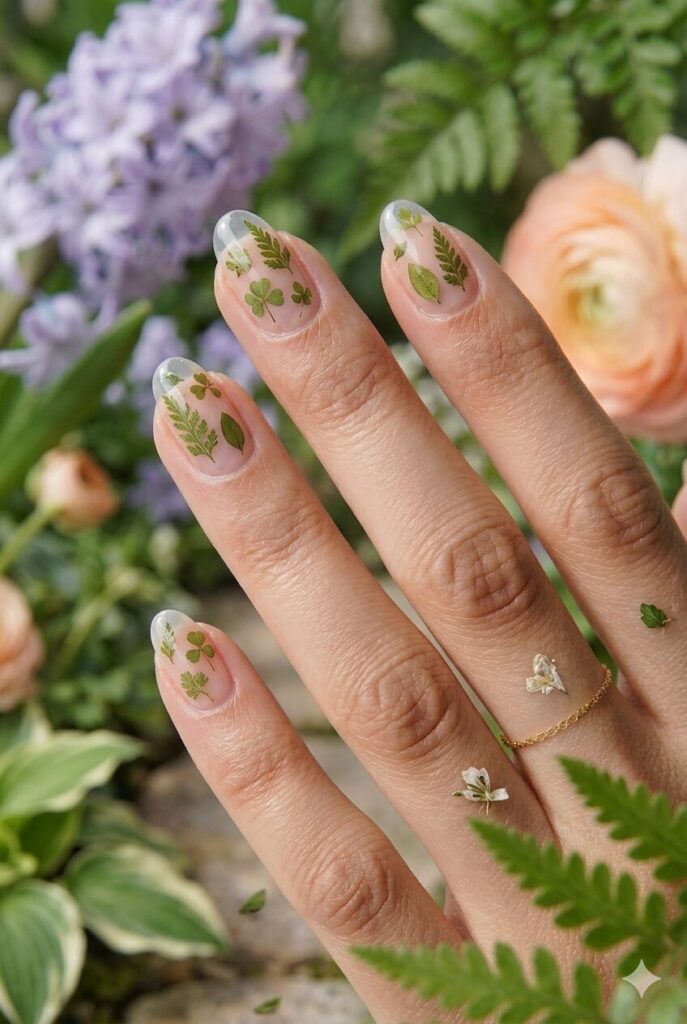 May nail ideas with a clear glossy base and tiny green pressed leaf details for a fresh botanical look