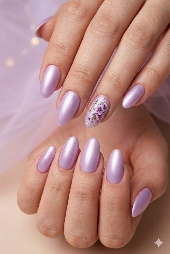 Purple bloom accent prom nails with tiny floral details on a soft purple base