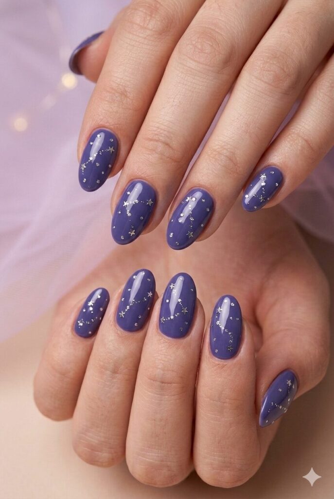 Purple constellation prom nails with dark purple base and tiny silver star details