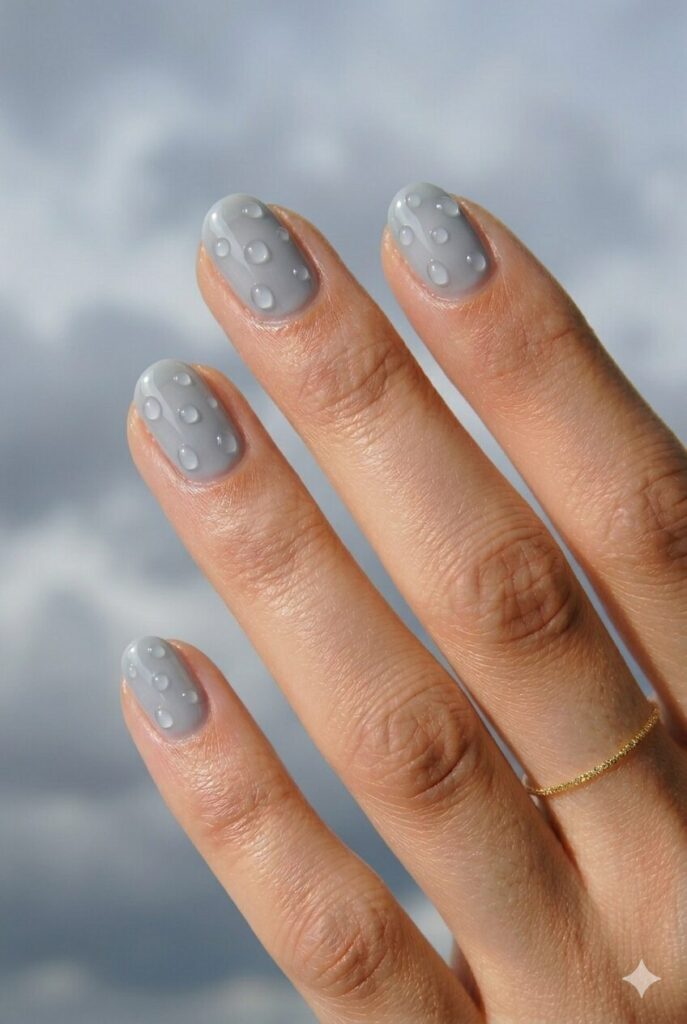 May nail ideas with a soft gray-blue base and glossy raindrop details inspired by a rainy spring window