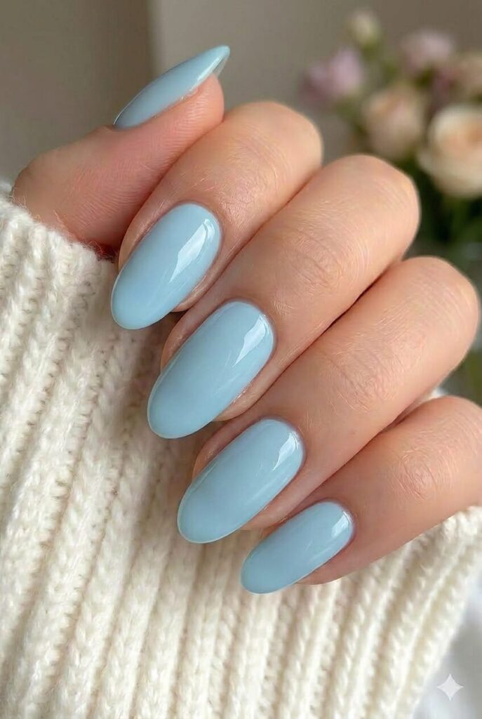 Robin blue glaze prom nails with soft robin egg blue shade and glazed shiny finish