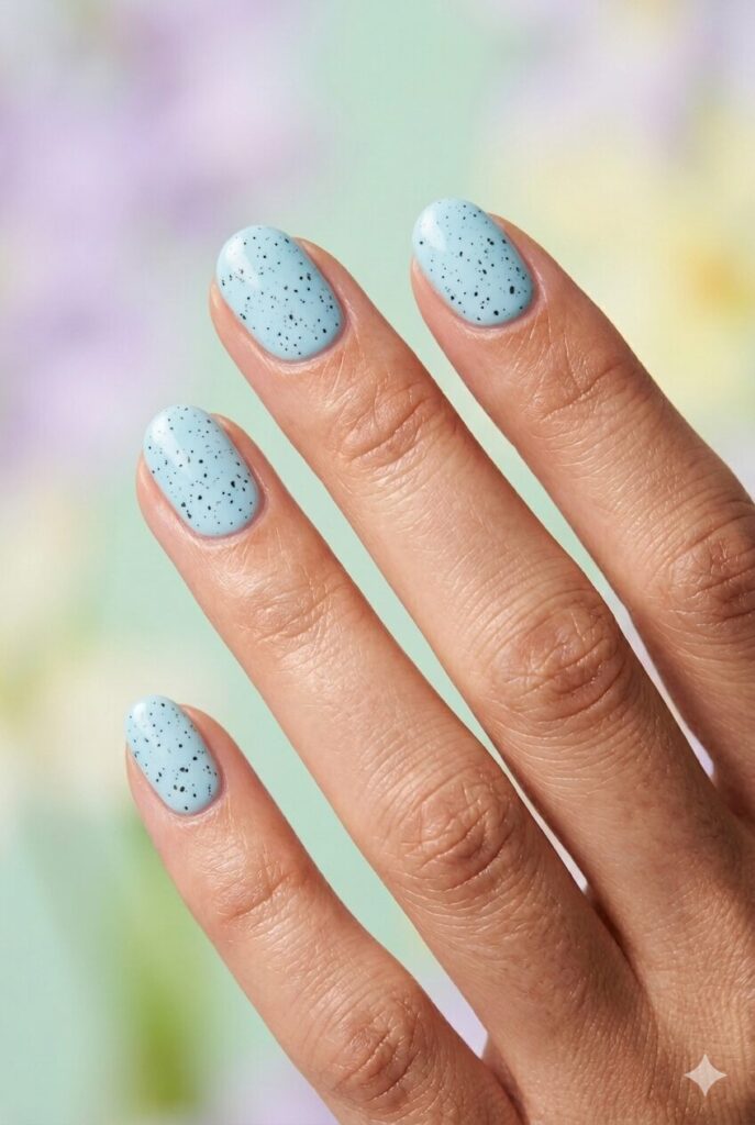 May nail ideas with robin egg blue polish and tiny dark speckles for a playful spring look