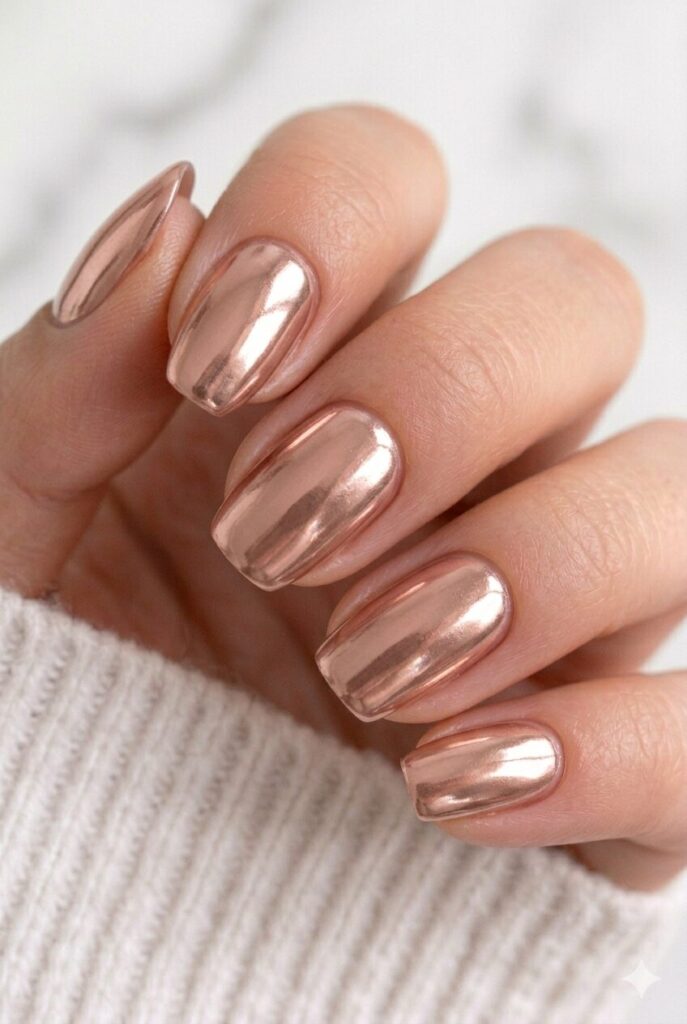 Rose gold chrome graduation nails with a mirror shine finish for a bold and glamorous graduation look