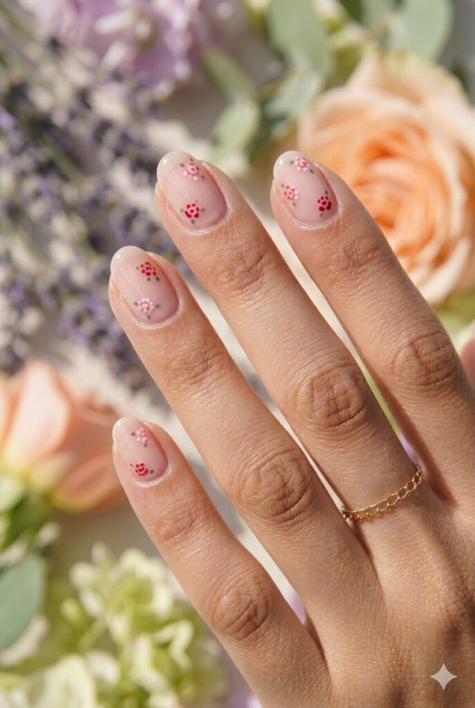 May nail designs with tiny rosebud dot flowers on a pale pink base for a soft romantic spring look