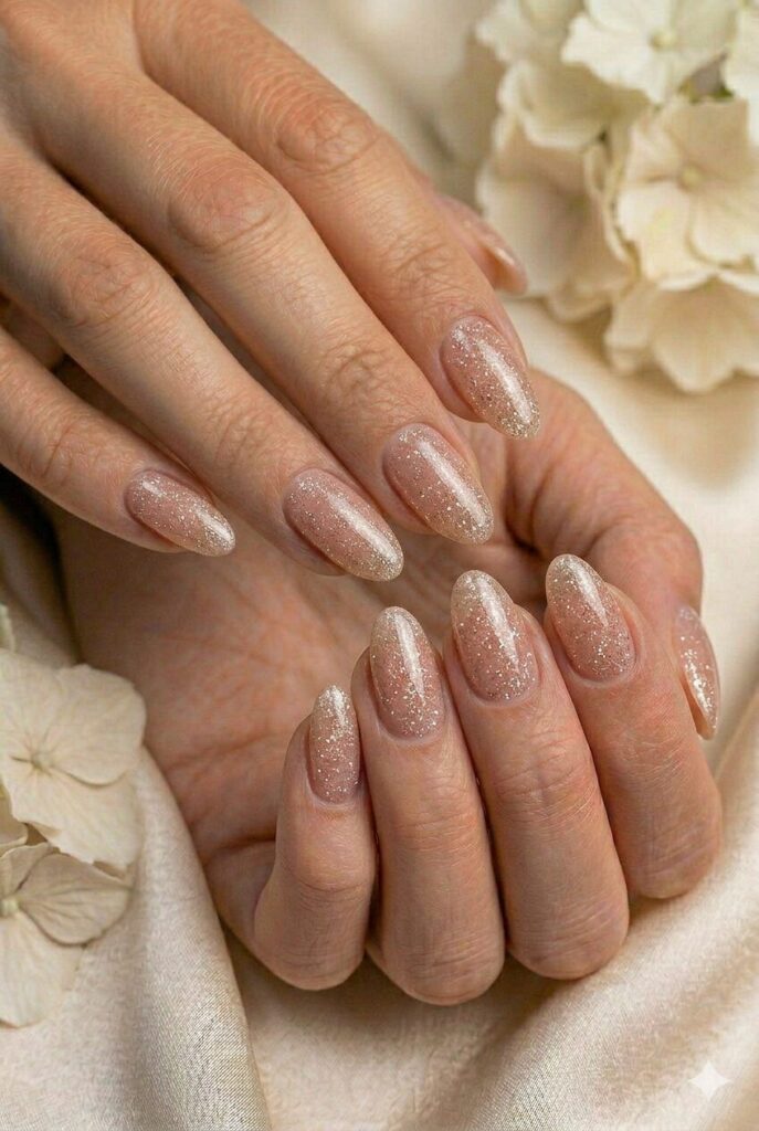 Rosy champagne glitter veil prom nails with fine sparkle over a nude base for elegant shine