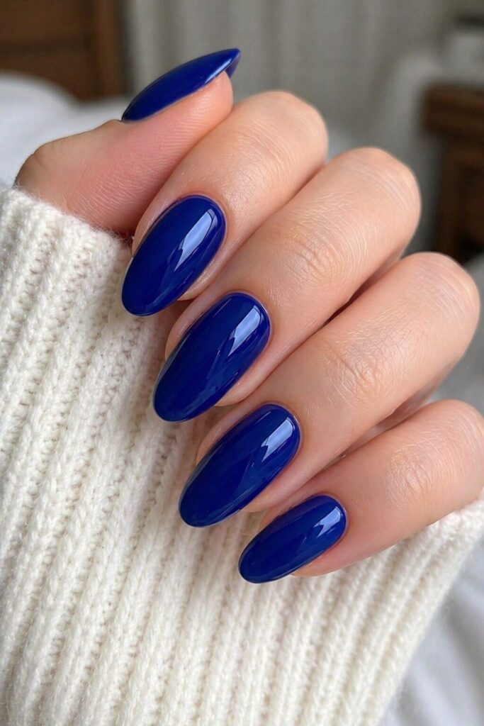 Royal blue silk prom nails with rich royal blue shade and smooth glossy finish
