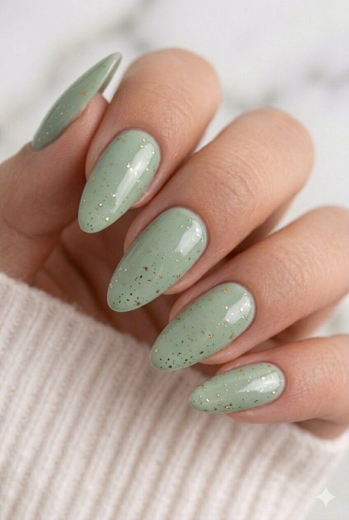 Sage green graduation nails with delicate gold specks for a trendy and classy manicure