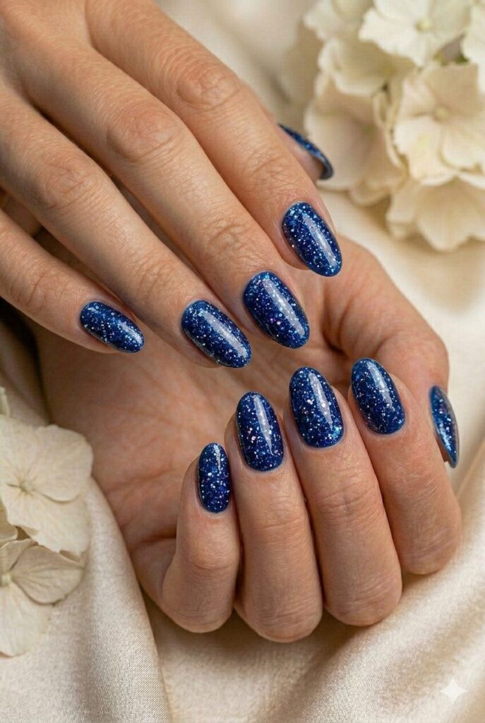 Sapphire flash prom nails with deep blue sparkle for a bold and glamorous evening manicure