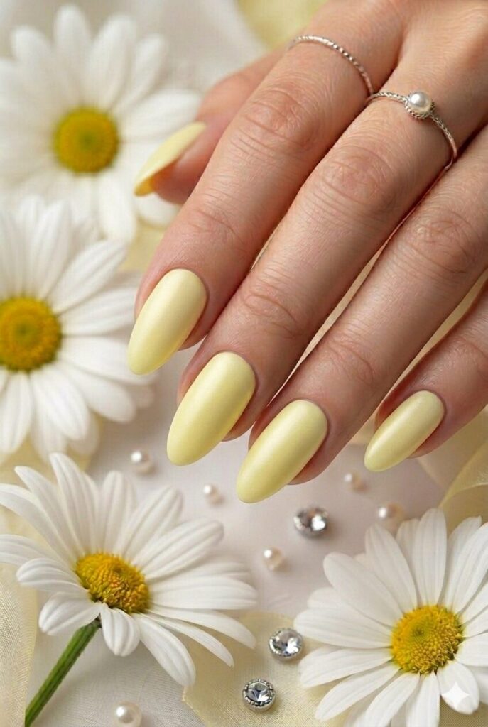 Satin lemon drop yellow prom nails with a silky pale lemon finish for a modern style