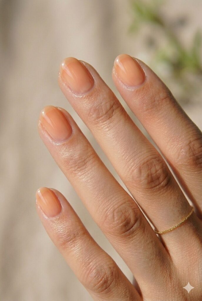 Simple May nails in a sheer apricot shade with a glossy warm spring finish