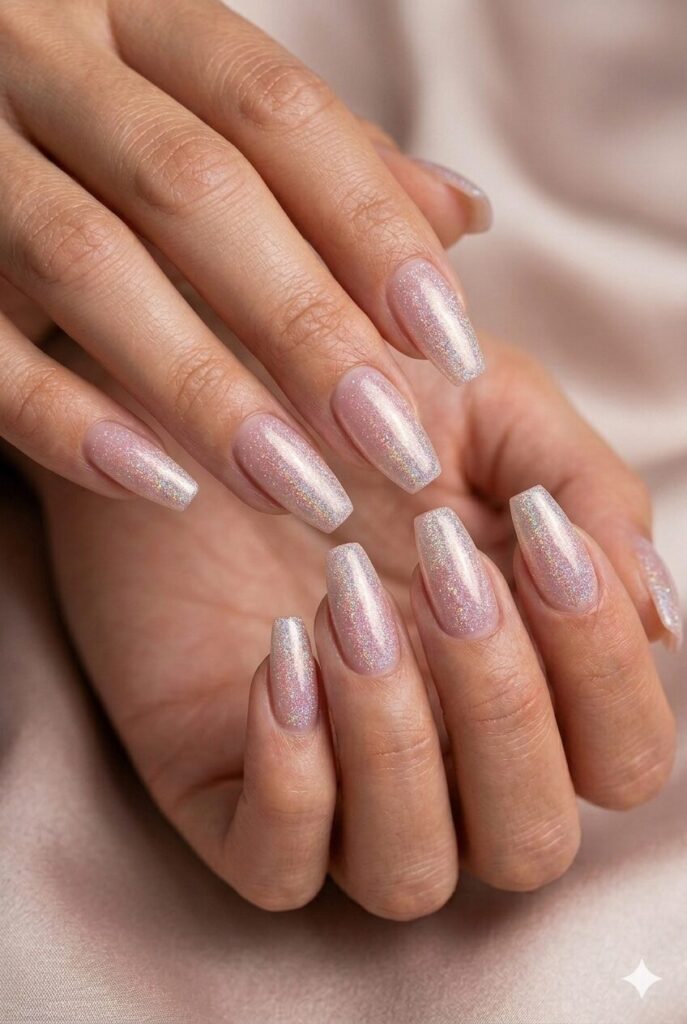 Long coffin prom nails with a sheer pink base and soft holographic shimmer veil