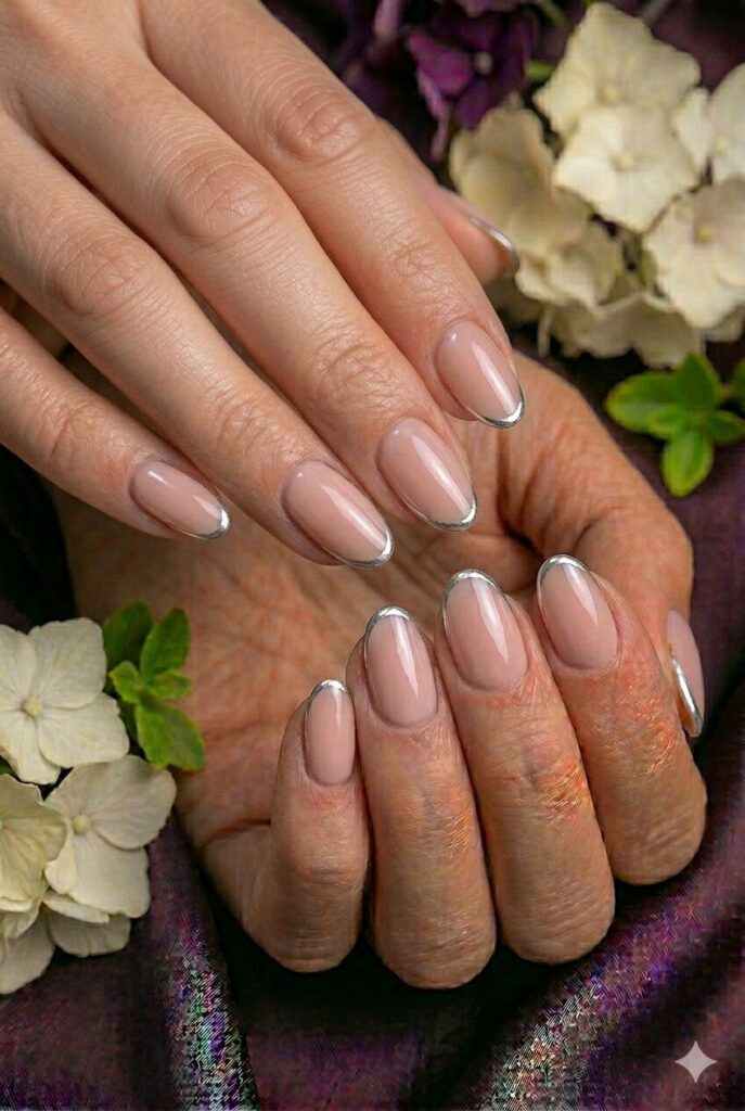 Nude prom nails with a thin silver outline for a clean modern and elegant finish