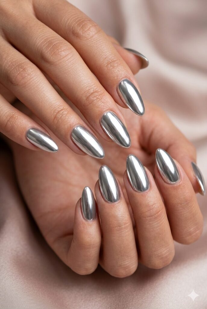 Silver mirror almond prom nails with reflective chrome shine for a glamorous 2026 formal look