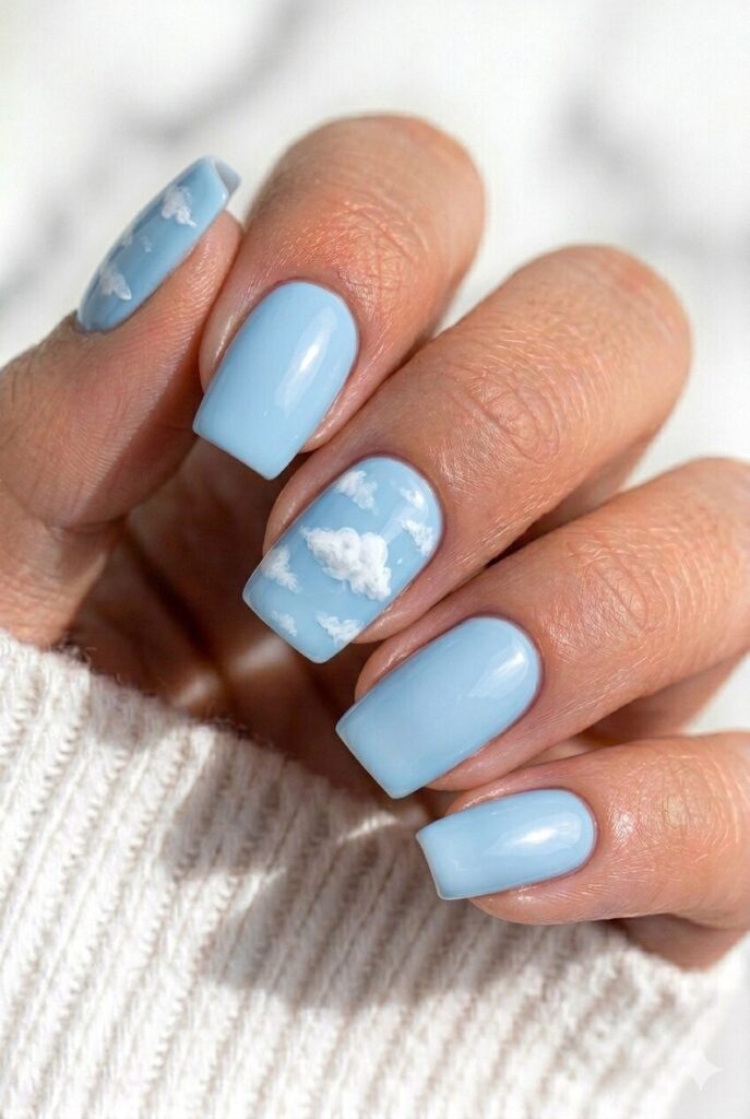 Sky blue graduation nails with fluffy white cloud art for a soft and uplifting nail design