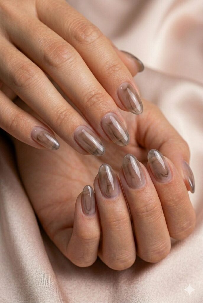 Smoky quartz glass prom nails with glossy brown and gray tones for a chic formal manicure