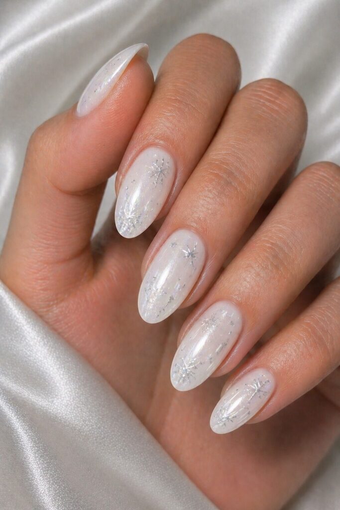 White prom nail designs with delicate snowflake sparkle accents for a magical formal look