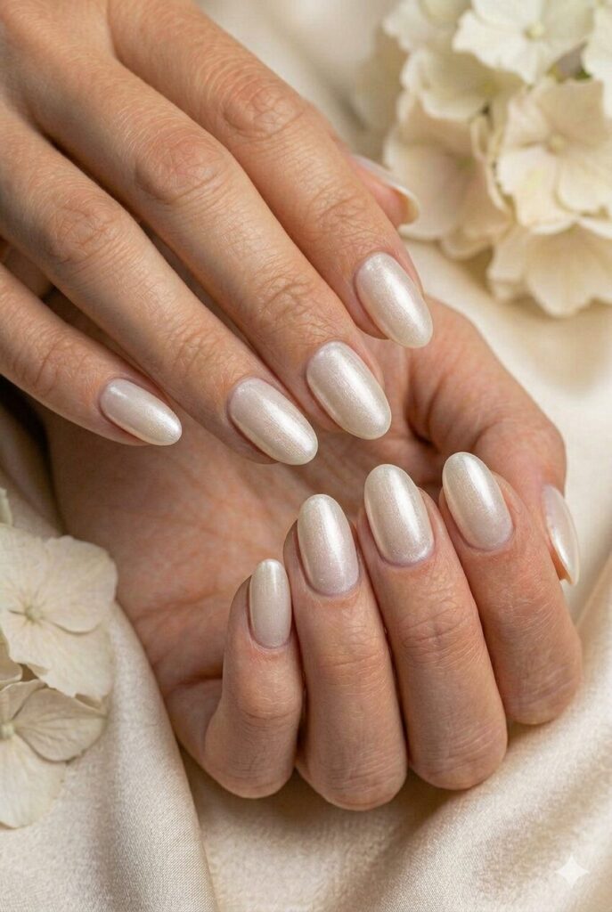Soft ivory pearl prom nails with a creamy base and subtle shimmer for a classy formal look